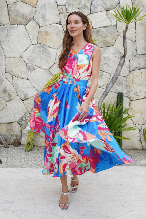 Samantha Sung Abelia Dress Crew Neck Sleeveless Midi Length Poliamide Taffta (Spanish Garden)