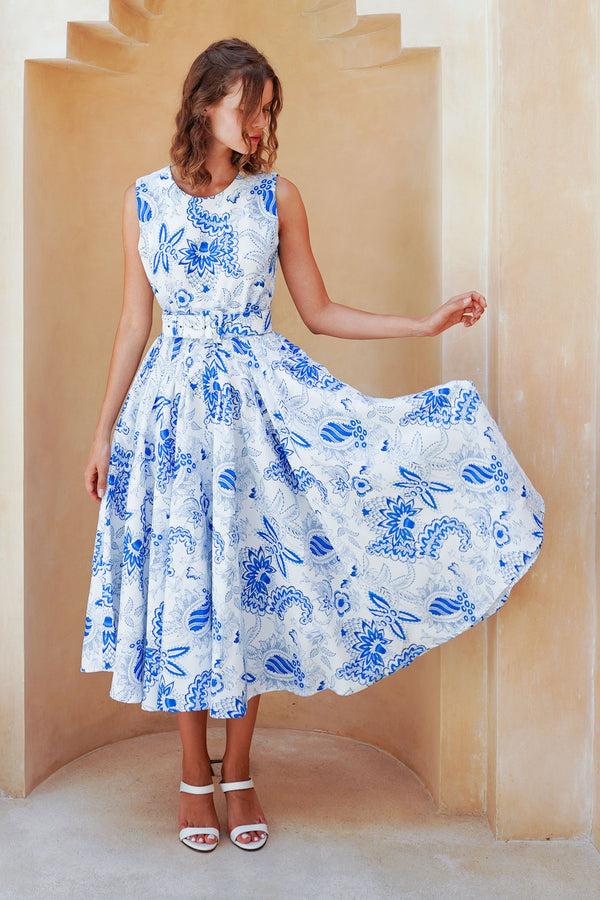 samantha sung Abelia Dress Crew Neck Sleeveless Midi Length Poliamide Taffta (Botanic Antique Big White)