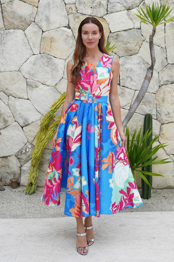 samantha sung Abelia Dress Crew Neck Sleeveless Midi Length Poliamide Taffta (Spanish Garden)