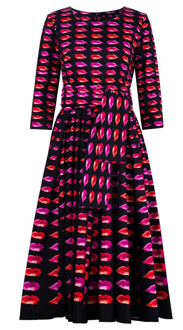 Samantha Sung Abelia Dress Round Neck 3/4 Sleeve Midi Length Cotton Stretch (Watercolor Lips)