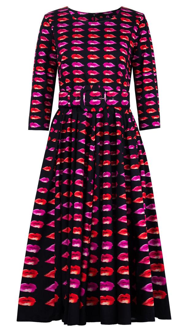 samantha sung Abelia Dress Round Neck 3/4 Sleeve Midi Length Cotton Stretch (Watercolor Lips)