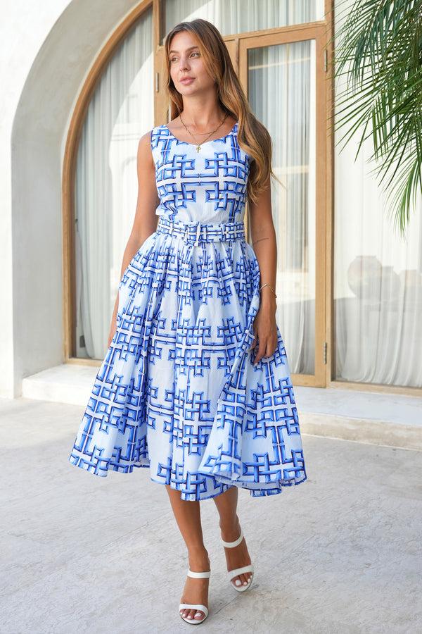 samantha sung Abelia Dress Round Neck Sleeveless Long +3 Length Cotton Stretch (Bamboo Grove Pastel)