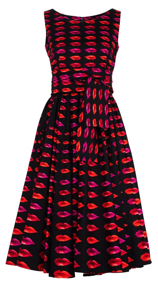 Samantha Sung Abelia Dress Round Neck Sleeveless Midi Length Cotton Stretch (Watercolor Lips)