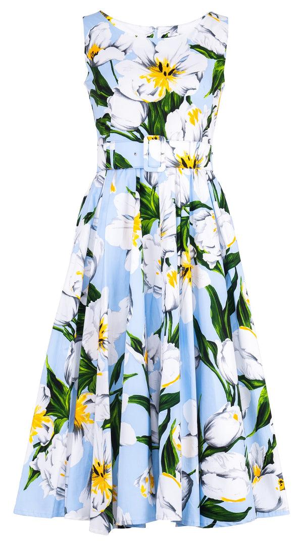 Samantha Sung Abelia Dress Round Neck Sleeveless Midi Length Cotton Stretch (Emperor Tulip Pastel)