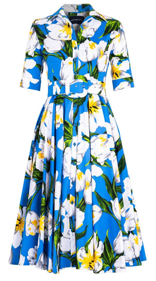 Samantha Sung Abelia Dress Shirt Collar 1/2 Sleeve Midi Length Cotton Stretch (Emperor Tulip Bright)