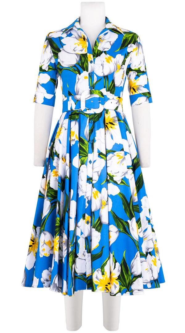 samantha sung Abelia Dress Shirt Collar 1/2 Sleeve Midi Length Cotton Stretch (Emperor Tulip Bright)