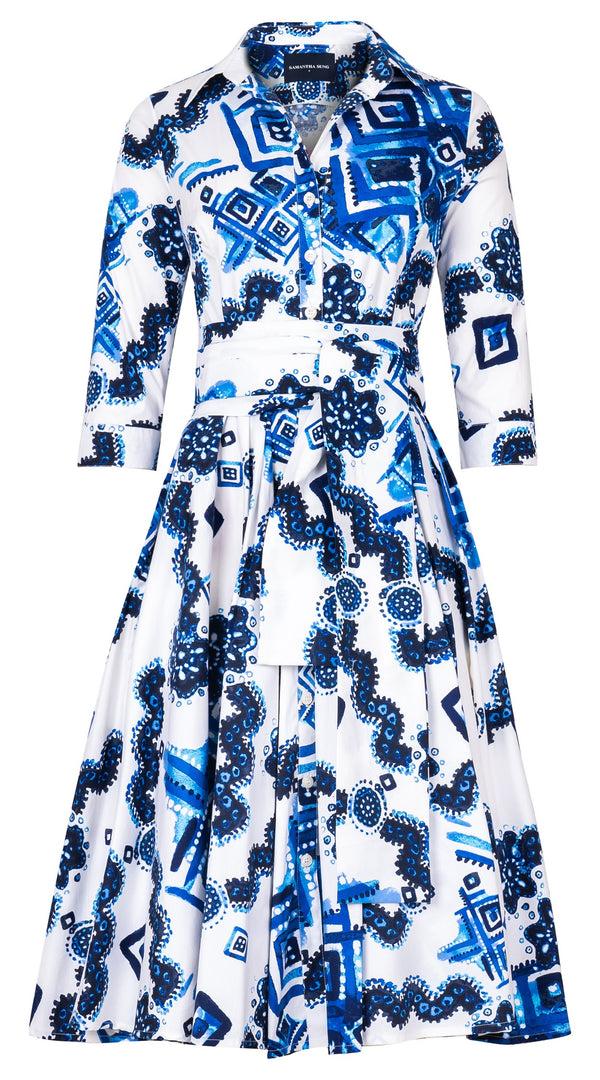 Samantha Sung Abelia Dress Shirt Collar 3/4 Sleeve Long Length Cotton Stretch (Tie Dye Izmir Small White)