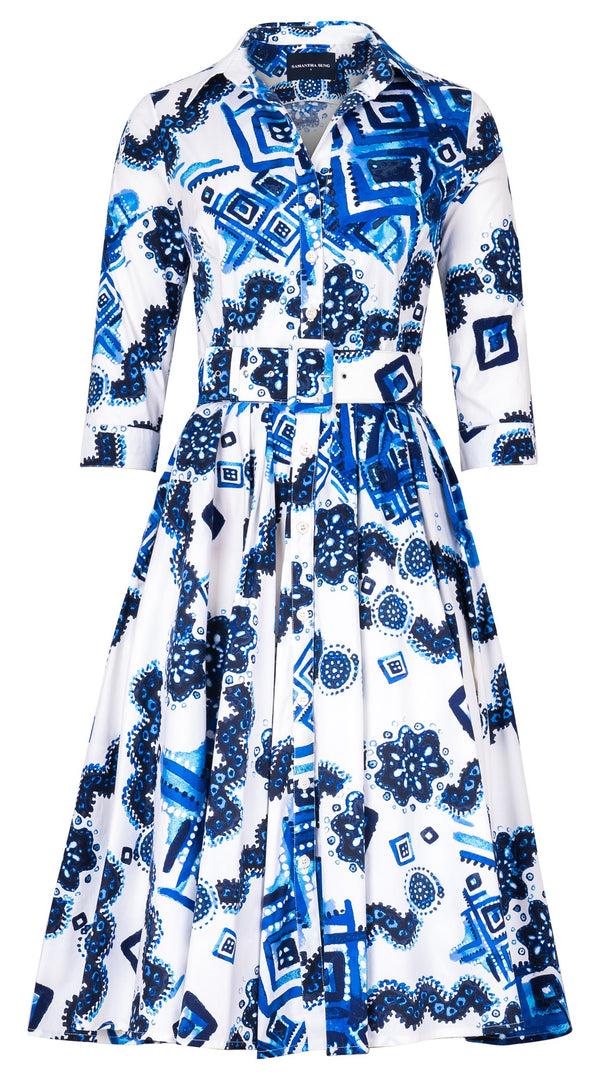 samantha sung Abelia Dress Shirt Collar 3/4 Sleeve Long Length Cotton Stretch (Tie Dye Izmir Small White)