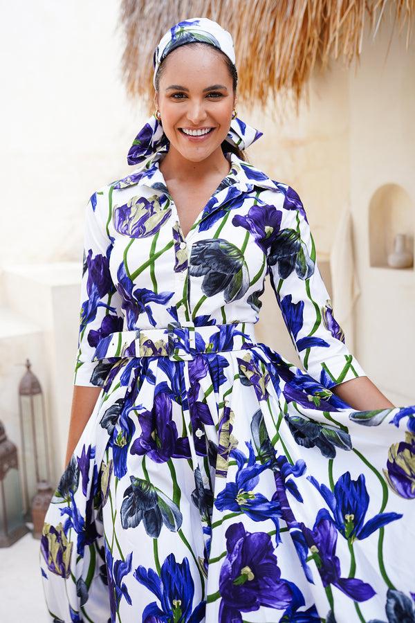 Samantha Sung Abelia Dress Shirt Collar 3/4 Sleeve Midi Length Cotton Stretch (Rambrandt Tulip)