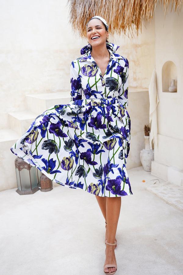 samantha sung Abelia Dress Shirt Collar 3/4 Sleeve Midi Length Cotton Stretch (Rambrandt Tulip)