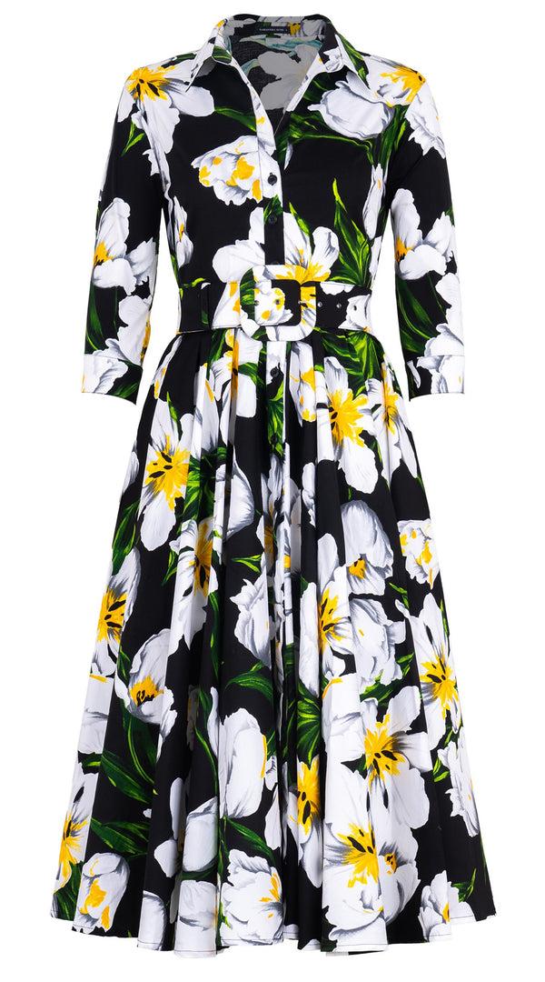 Samantha Sung Abelia Dress Shirt Collar 3/4 Sleeve Midi Length Cotton Stretch (Emperor Tulip Bright)