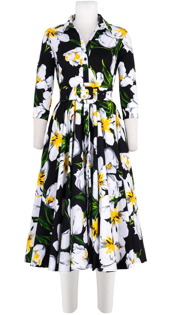 samantha sung Abelia Dress Shirt Collar 3/4 Sleeve Midi Length Cotton Stretch (Emperor Tulip Bright)