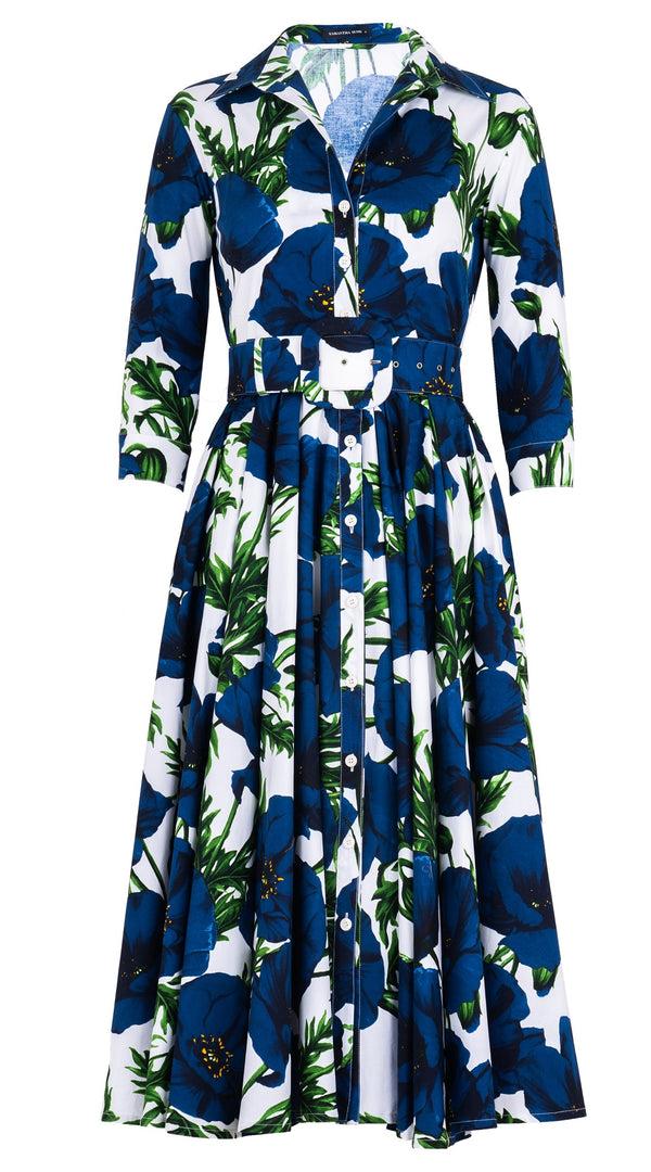 Samantha Sung Abelia Dress Shirt Collar 3/4 Sleeve Midi Length Cotton Stretch (Poppy Poland Big)