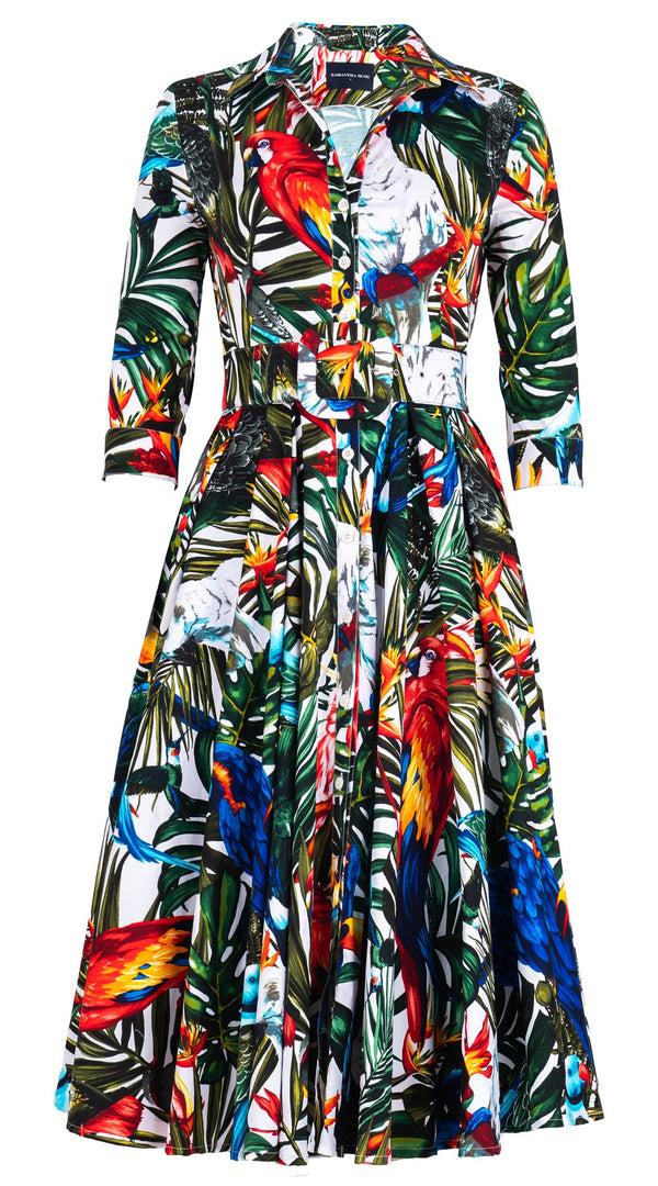 Samantha Sung Abelia Dress Shirt Collar 3/4 Sleeve Midi Length Cotton Stretch (Tropical Parrot)