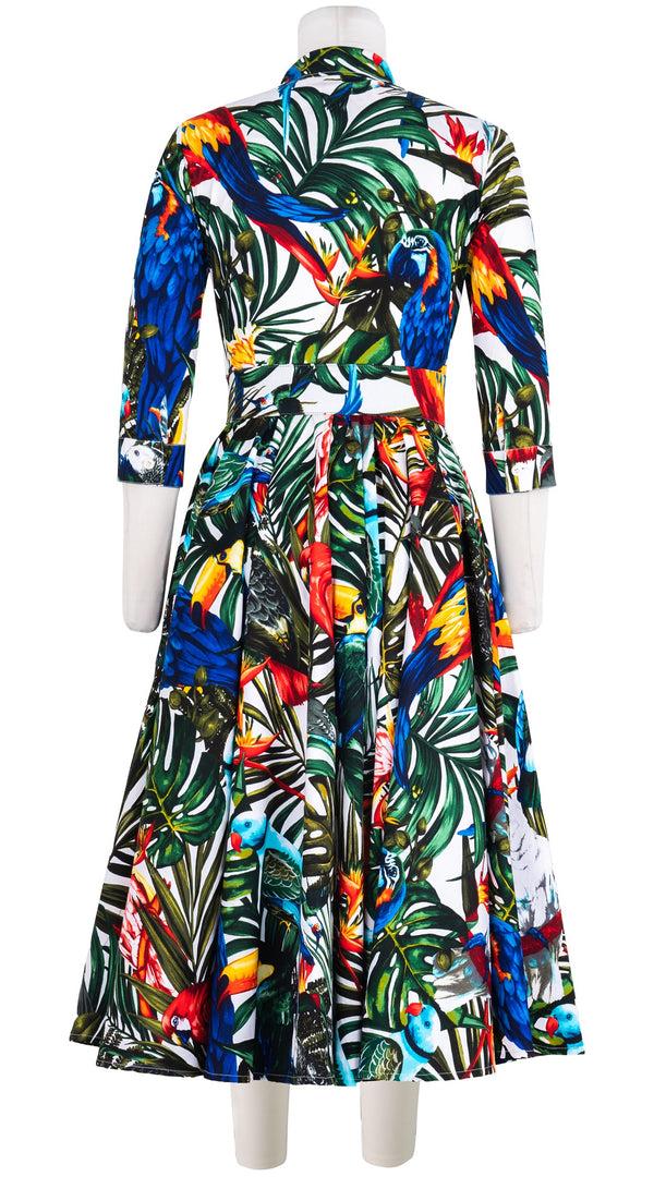 Samantha Sung Abelia Dress Shirt Collar 3/4 Sleeve Midi Length Cotton Stretch (Tropical Parrot)