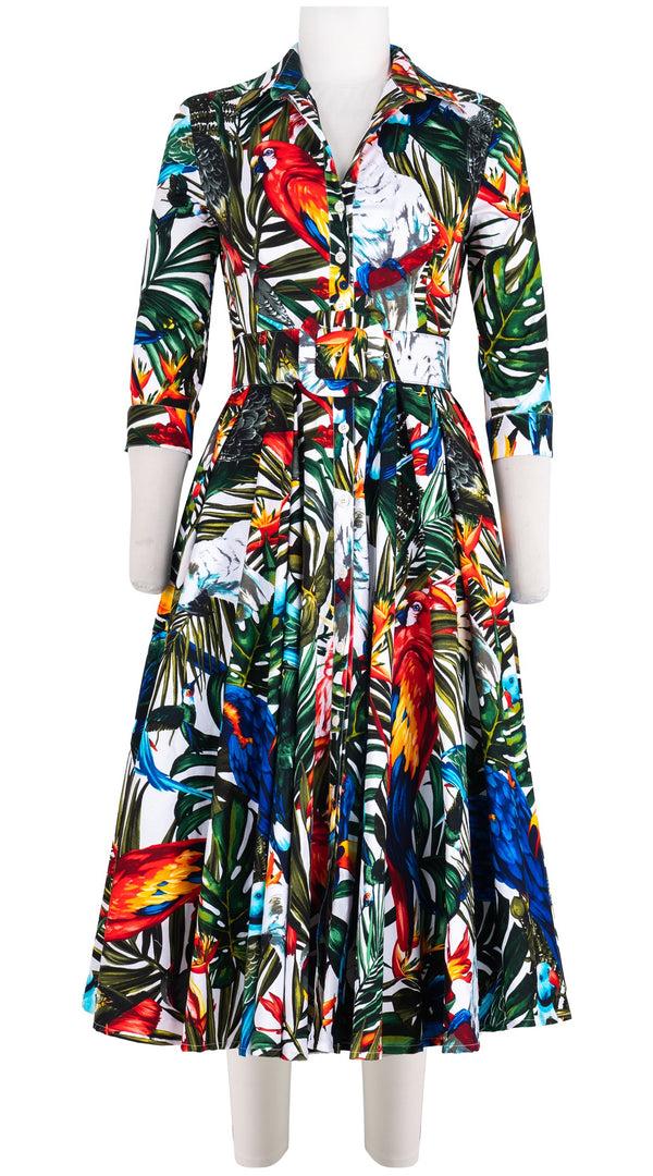 samantha sung Abelia Dress Shirt Collar 3/4 Sleeve Midi Length Cotton Stretch (Tropical Parrot)