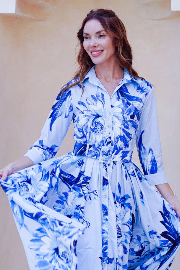 Samantha Sung Abelia Dress Shirt Collar 3/4 Sleeve Midi Length Cotton Stretch (Mum Flower Big Pastel)