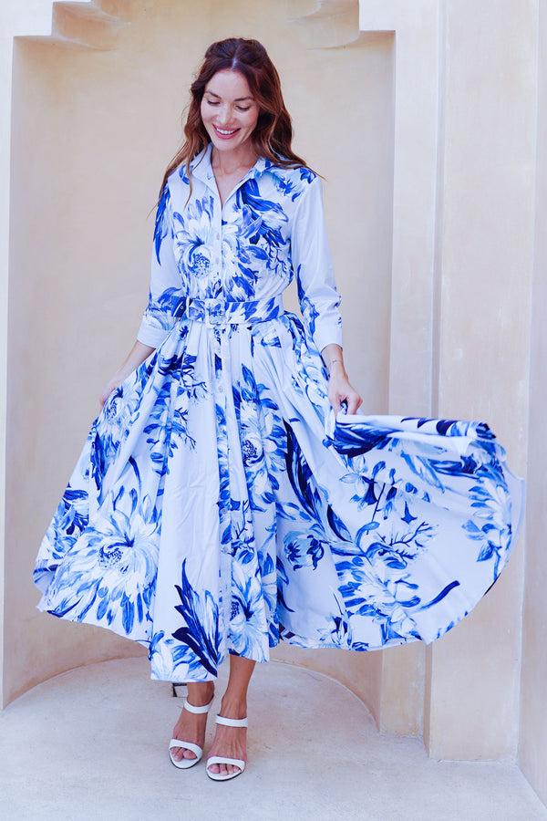 Samantha Sung Abelia Dress Shirt Collar 3/4 Sleeve Midi Length Cotton Stretch (Mum Flower Big Pastel)