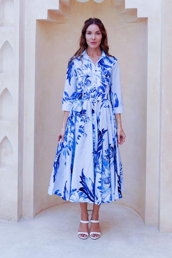 samantha sung Abelia Dress Shirt Collar 3/4 Sleeve Midi Length Cotton Stretch (Mum Flower Big Pastel)