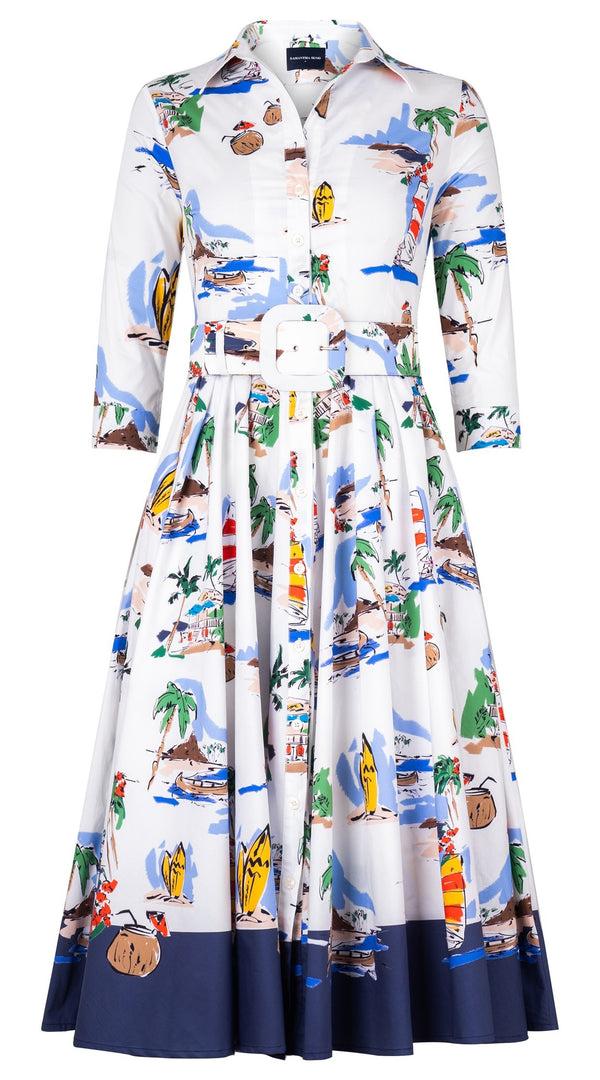 samantha sung Abelia Dress Shirt Collar 3/4 Sleeve Midi Length Cotton Stretch (Hawaiian Souvenir)