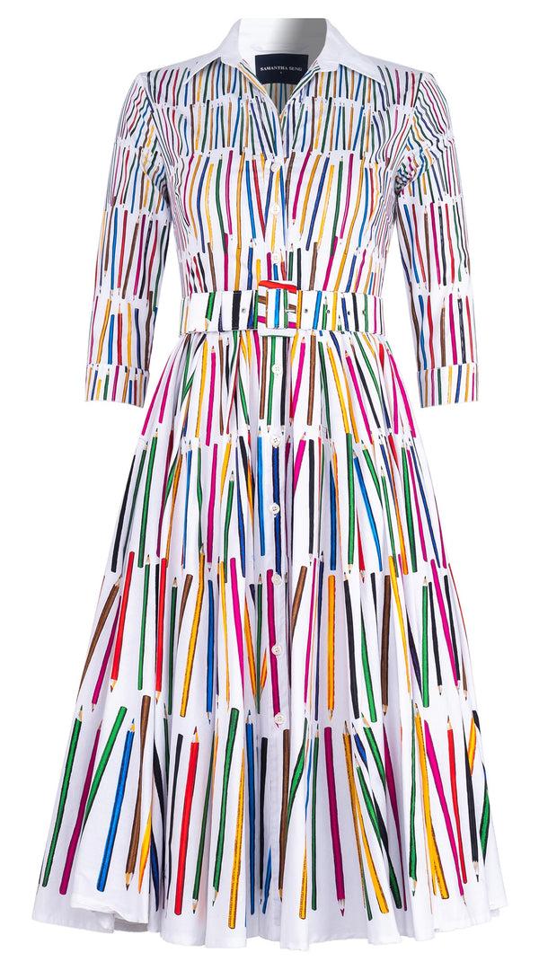 samantha sung Abelia Dress Shirt Collar 3/4 Sleeve Midi Length Cotton Stretch (Prisma Pencil Degradation)