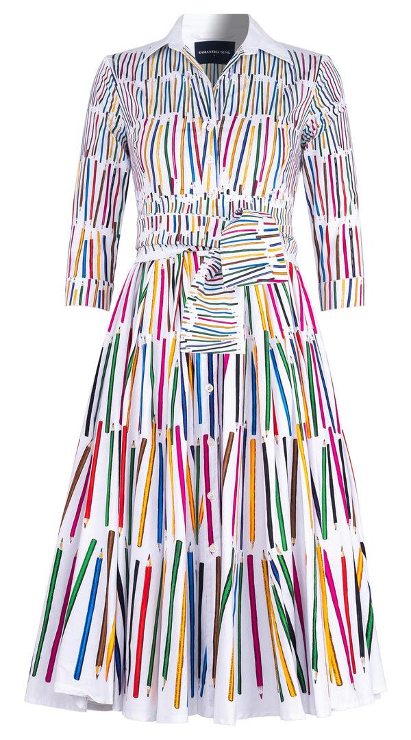 Samantha Sung Abelia Dress Shirt Collar 3/4 Sleeve Midi Length Cotton Stretch (Prisma Pencil Degradation)