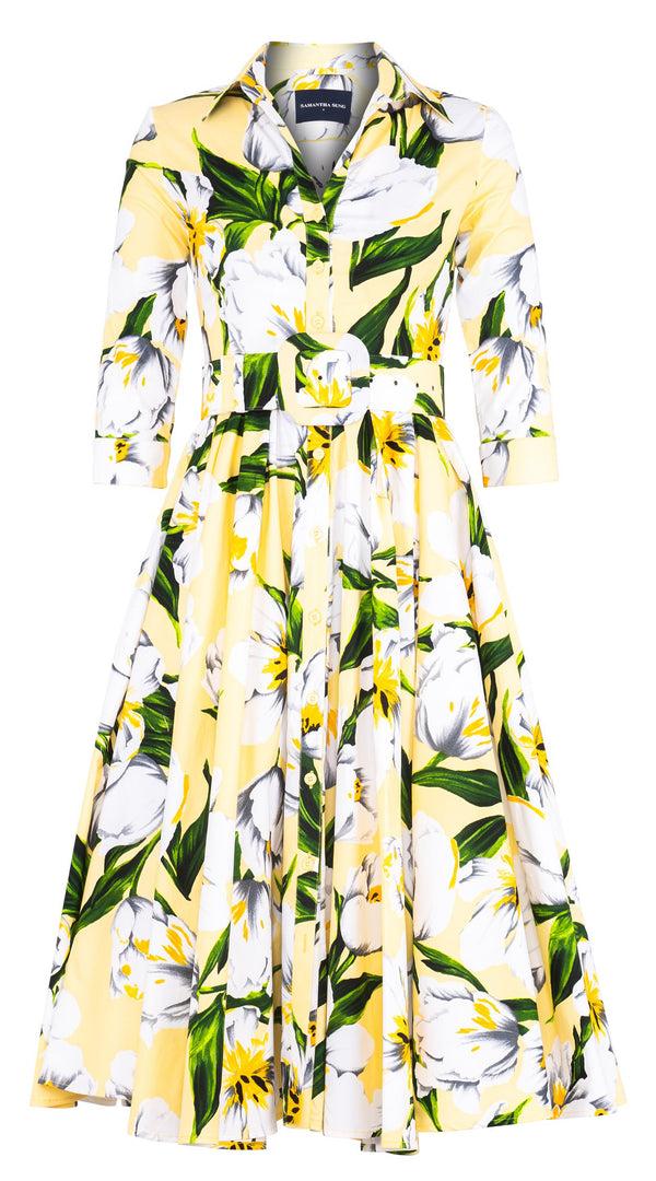 Samantha Sung Abelia Dress Shirt Collar 3/4 Sleeve Midi Length Cotton Stretch (Emperor Tulip Pastel)