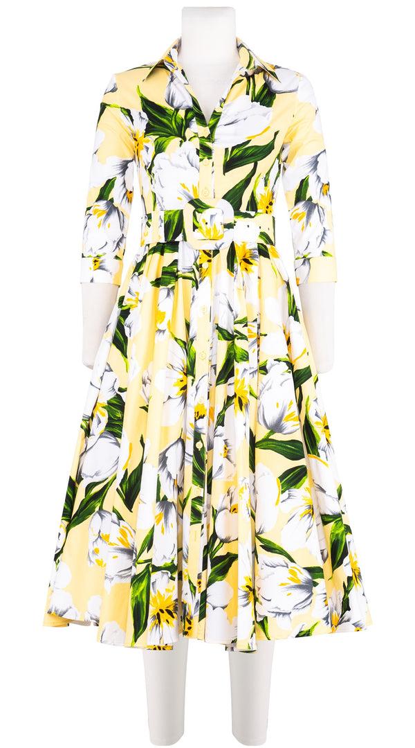 samantha sung Abelia Dress Shirt Collar 3/4 Sleeve Midi Length Cotton Stretch (Emperor Tulip Pastel)