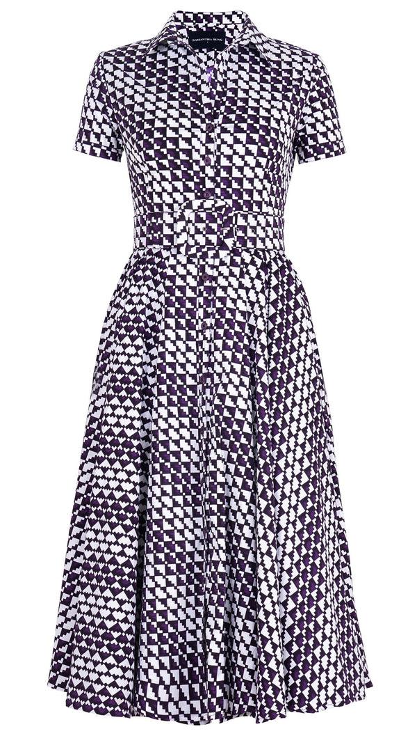 Samantha Sung Abelia Dress Shirt Collar Short Sleeve Midi Length Cotton Stretch (Bamboo Weave)