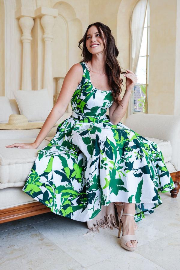 Samantha Sung Abelia Dress U Neck Sleeveless Midi Length Cotton Stretch (Genova Mono Flower White)