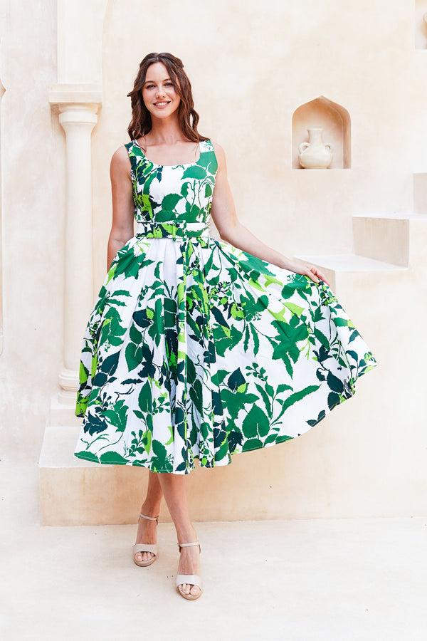 Samantha Sung Abelia Dress U Neck Sleeveless Midi Length Cotton Stretch (Genova Mono Flower White)