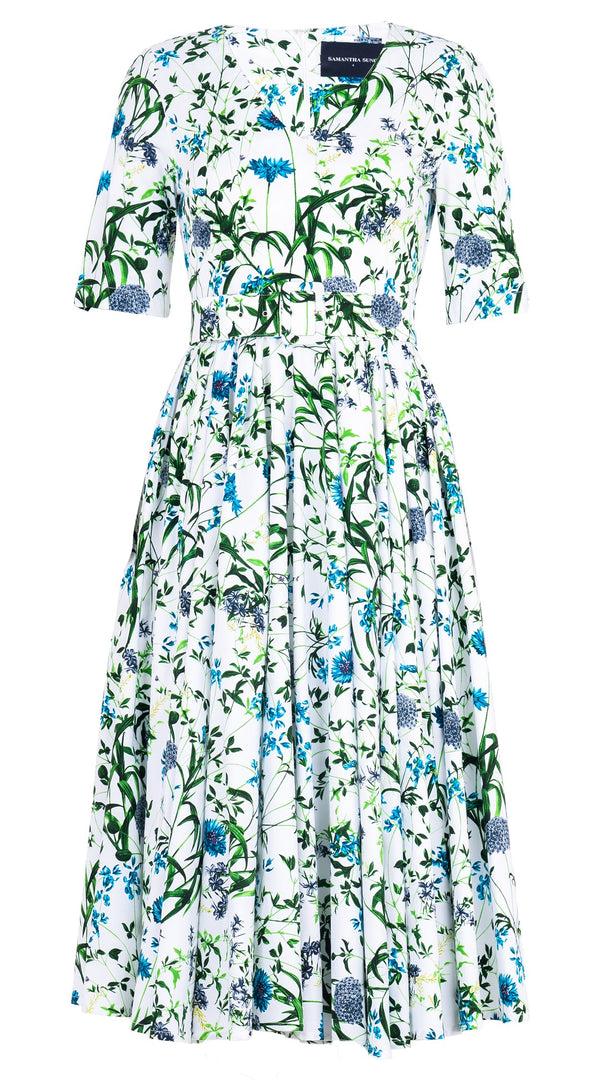 Samantha Sung Abelia Dress V Neck 1/2 Sleeve Midi Length Cotton Stretch (Hempstead Flower)