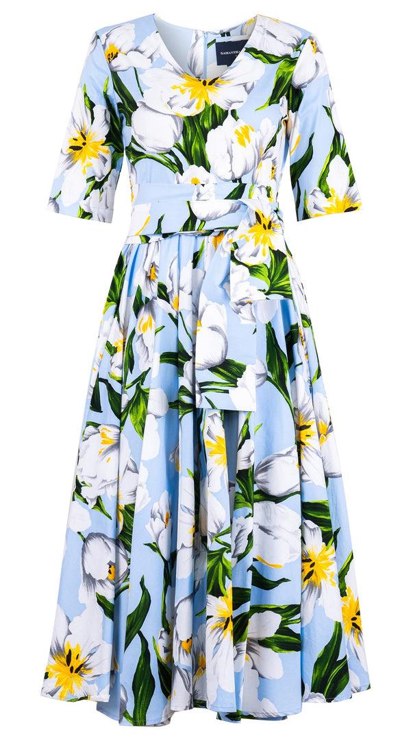 Samantha Sung Abelia Dress V Neck 1/2 Sleeve Midi Length Cotton Stretch (Emperor Tulip Pastel)