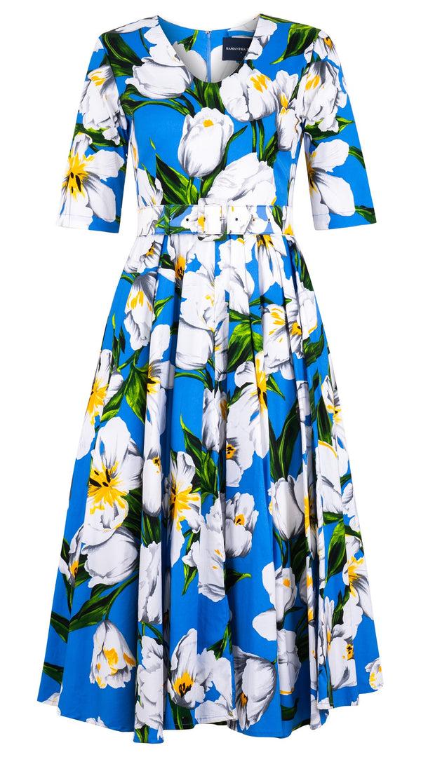samantha sung Abelia Dress V Neck 1/2 Sleeve Midi Length Cotton Stretch (Emperor Tulip Bright)