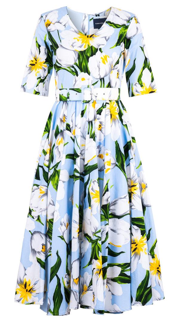 samantha sung Abelia Dress V Neck 1/2 Sleeve Midi Length Cotton Stretch (Emperor Tulip Pastel)