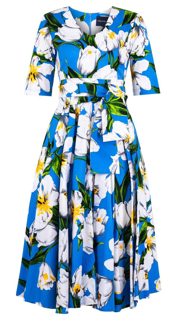 Samantha Sung Abelia Dress V Neck 1/2 Sleeve Midi Length Cotton Stretch (Emperor Tulip Bright)