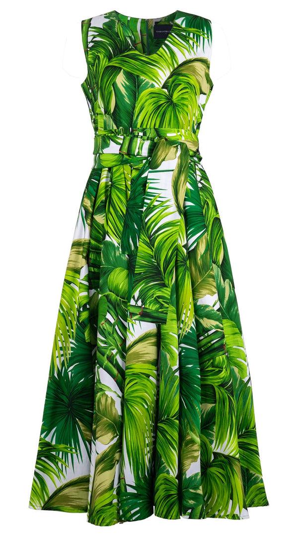 Samantha Sung Abelia Dress V Neck Sleeveless Ankle Length Cotton Stretch (Honolulu Palm)