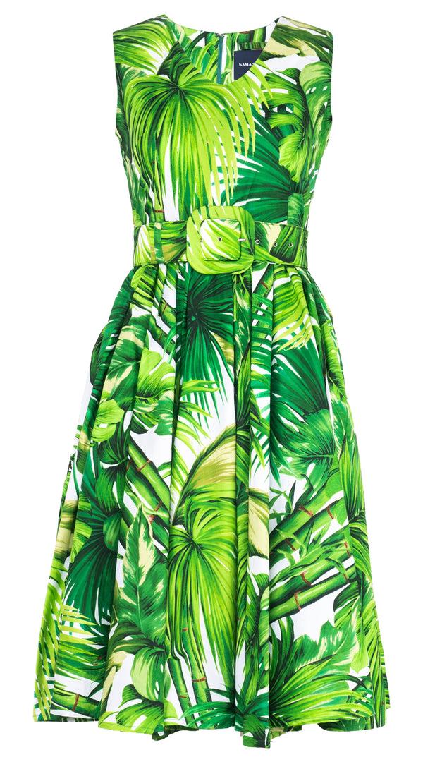Samantha Sung Abelia Dress V Neck Sleeveless Long Length Cotton Stretch (Honolulu Palm)