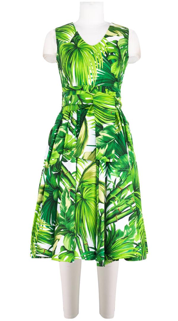 Samantha Sung Abelia Dress V Neck Sleeveless Long Length Cotton Stretch (Honolulu Palm)