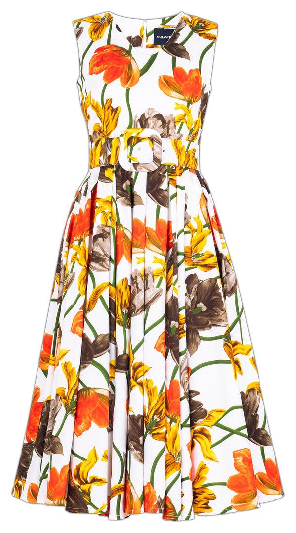 Samantha Sung Abelia Dress V Neck Sleeveless Midi Length Cotton Stretch (Rambrandt Tulip)