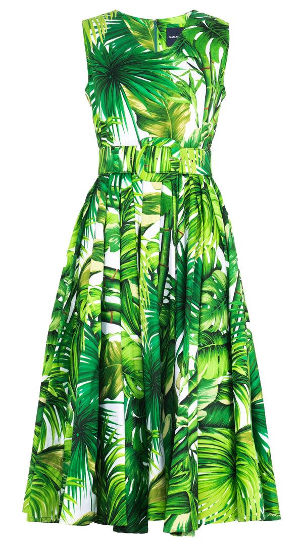 Samantha Sung Abelia Dress V Neck Sleeveless Midi Length Cotton Stretch (Honolulu Palm)