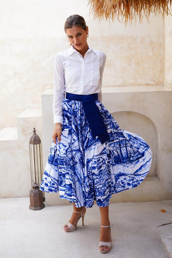 samantha sung Abelia Skirt Midi Length Cotton Stretch (Azulejo All Over)