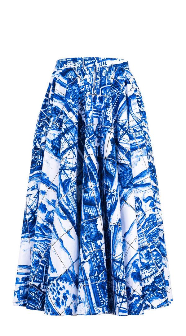 Samantha Sung Abelia Skirt Midi Length Cotton Stretch (Azulejo All Over)