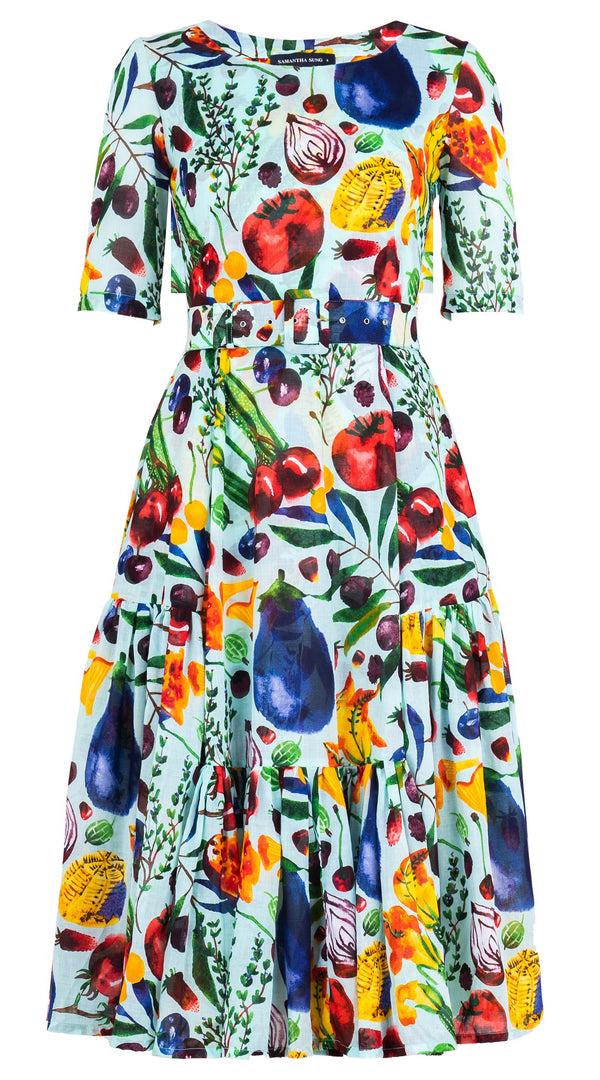 Samantha Sung Amanda Dress Boat Neck 1/2 Sleeve Midi Length Cotton Musola (Watercolor Fruits)