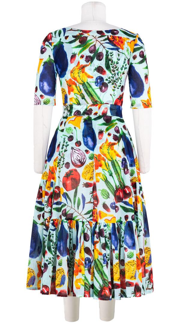 Samantha Sung Amanda Dress Boat Neck 1/2 Sleeve Midi Length Cotton Musola (Watercolor Fruits)