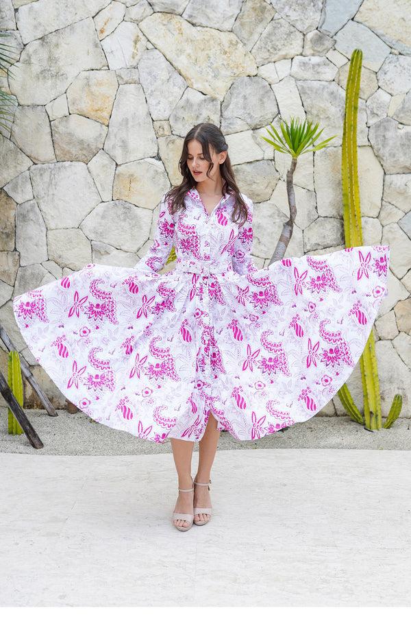 Samantha Sung Amber Dress Shirt Collar 3/4 Sleeve Midi Length Cotton Stretch (Botanic Antique Big White)