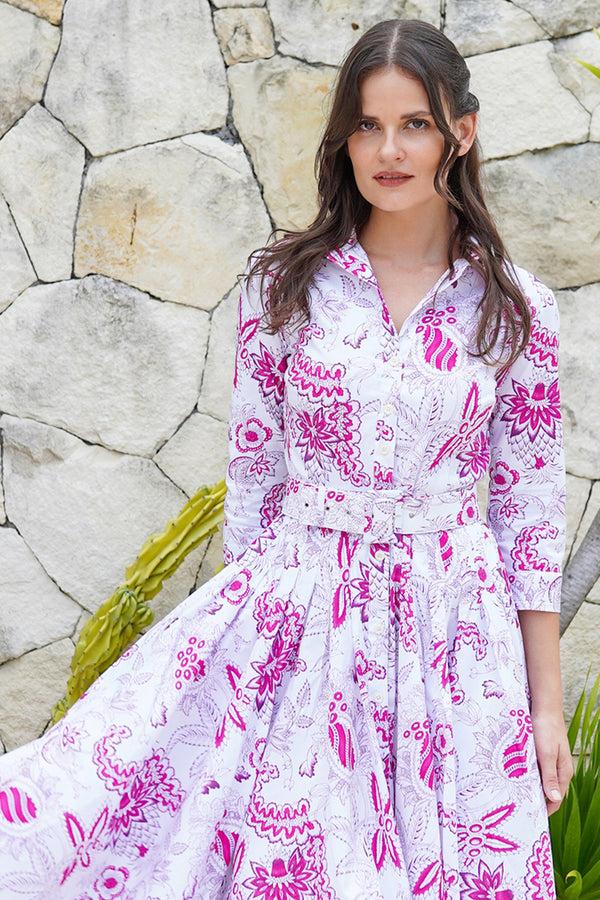 Samantha Sung Amber Dress Shirt Collar 3/4 Sleeve Midi Length Cotton Stretch (Botanic Antique Big White)