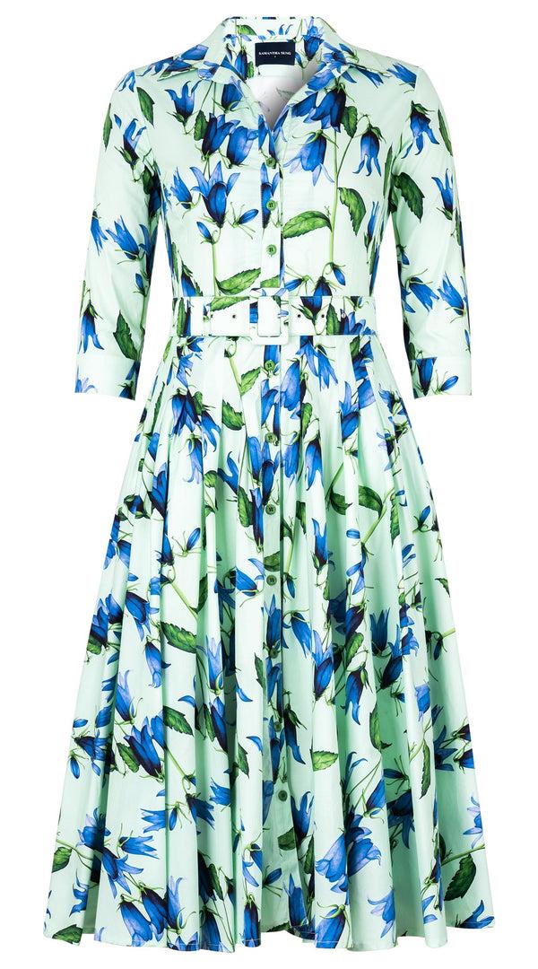 samantha sung Amber Dress Shirt Collar 3/4 Sleeve Midi Length Cotton Stretch (Blue Bell Flower Small Pastel)