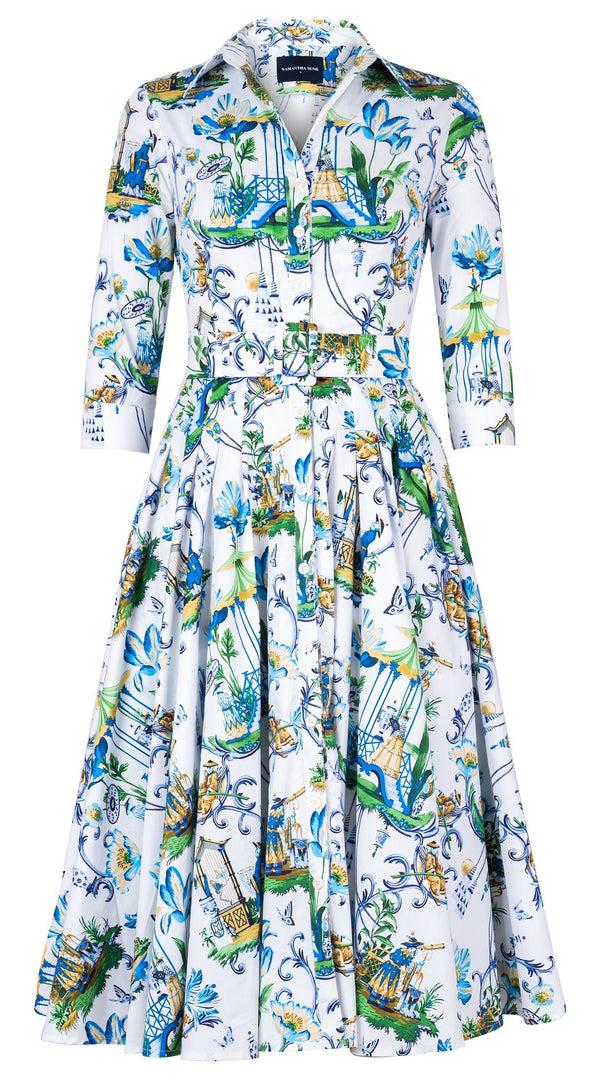 samantha sung Amber Dress Shirt Collar 3/4 Sleeve Midi Length Cotton Stretch (East Moon White)