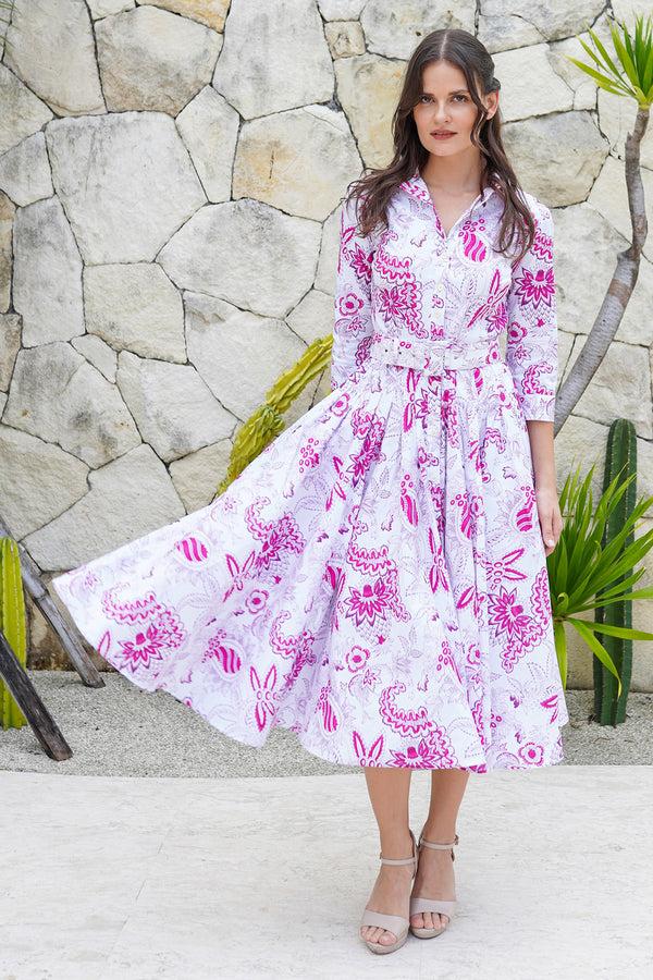 samantha sung Amber Dress Shirt Collar 3/4 Sleeve Midi Length Cotton Stretch (Botanic Antique Big White)